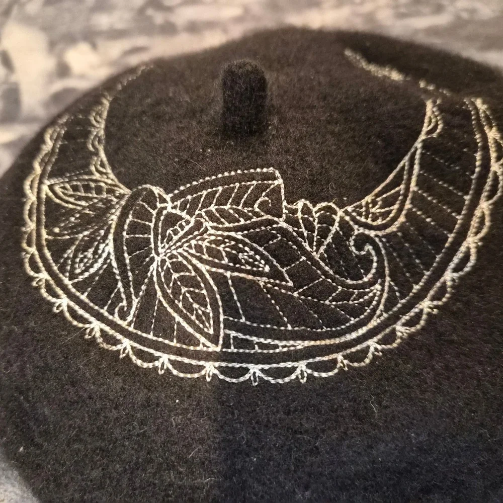 Black Wool Beret Embroidered Crescent Moon XVIII Roman Numeral Gothic Celestial